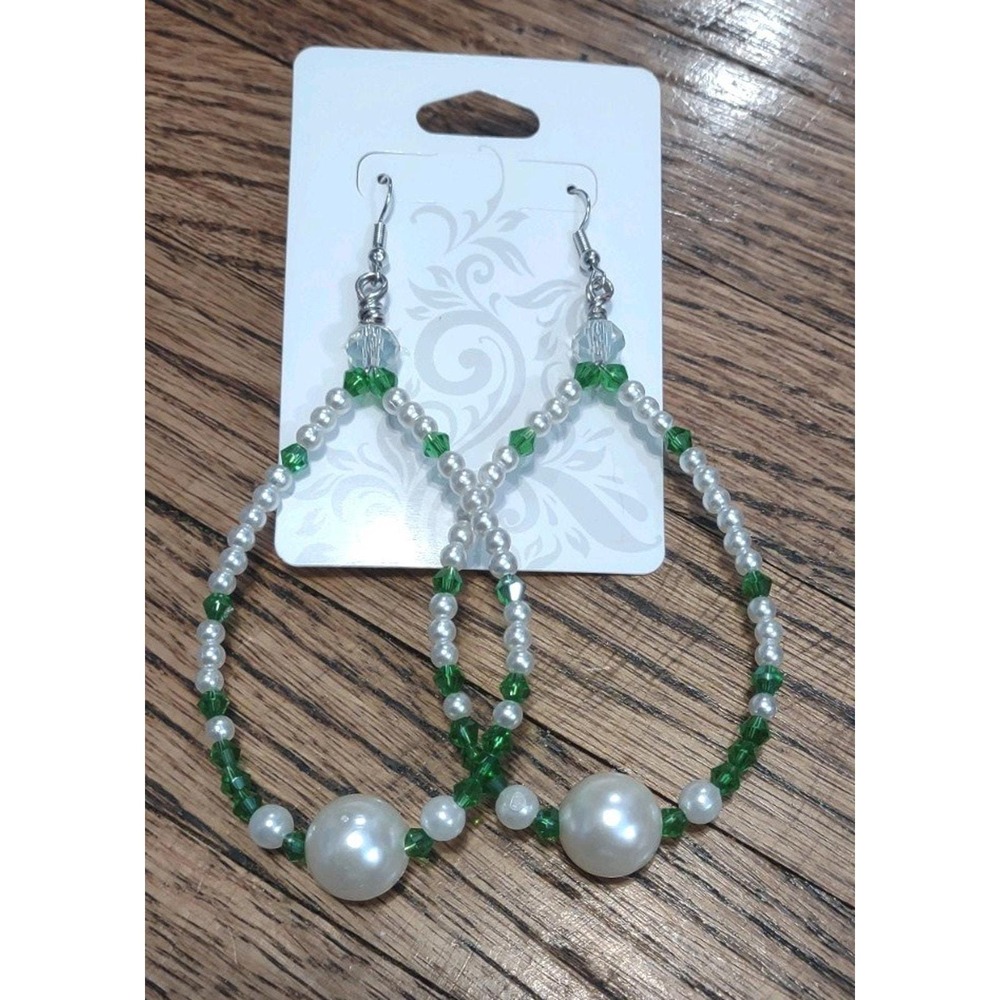 Boho Emerald Green Crystal Teardrop Earrings White Pearl Beaded Hoops Handmade